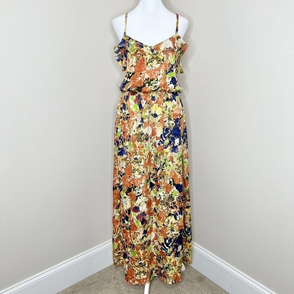 Collective Concepts Colorful Abstract Floral Sleeveless Satin Maxi Dress Sz L - Picture 1 of 9